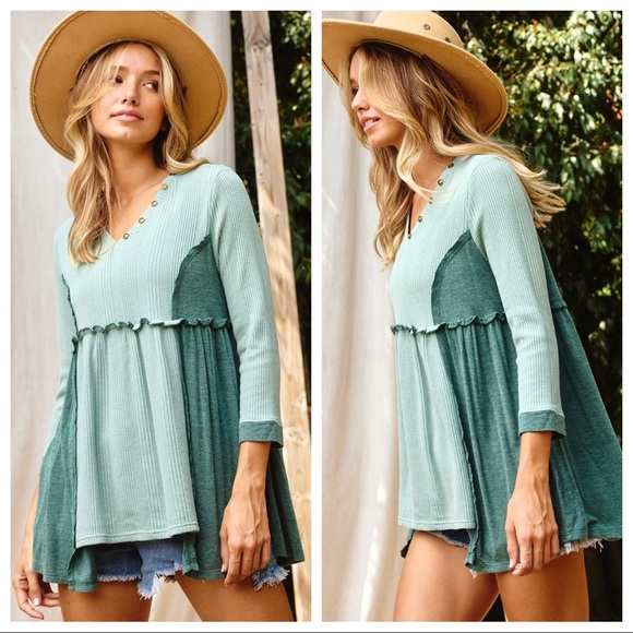 Alex 3/4 Sleeves Boho V Neck BabyDoll Color Block Top - Picture 4 of 6